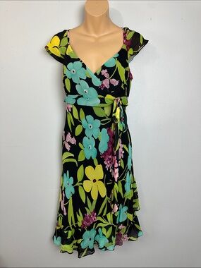 Nine West Silk Floral Asymmetrical Mock Wrap Mini Dress